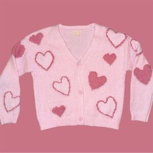 Women’s Sage & Oak Pink V-Neck Long Sleeve Cardigan Heart Jacquard Pattern S